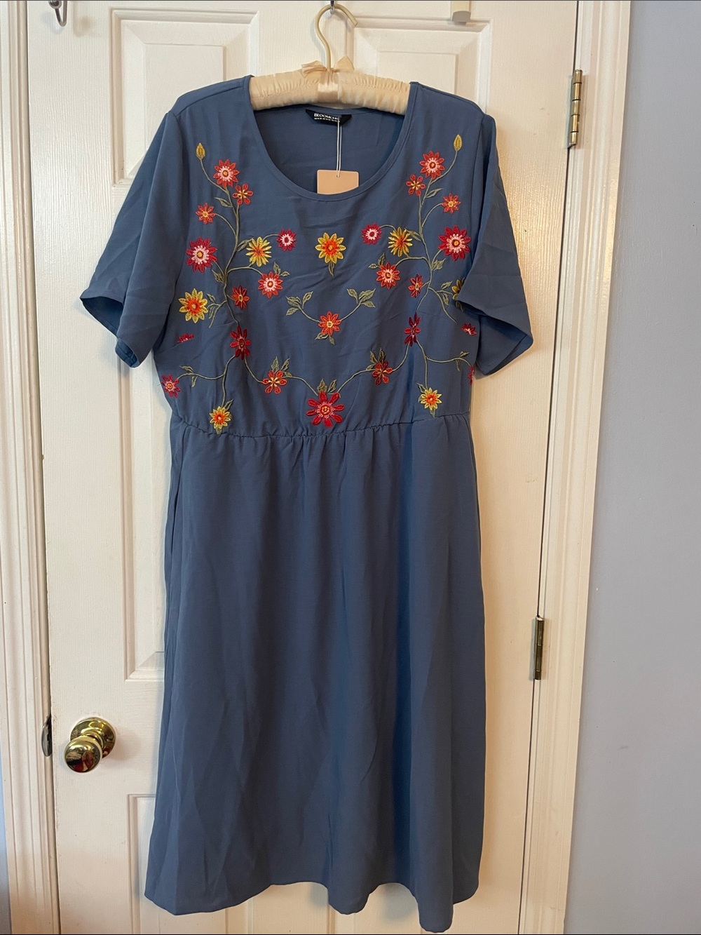 BloomChic Blue Midi Dress with Red & Yellow Floral Embroidery